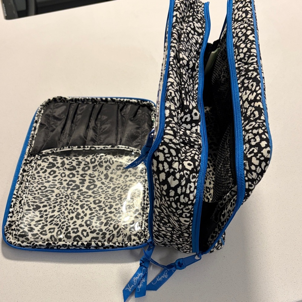Vera Bradley Black & White Leopard Print Cosmetic Case with Bright Blue Trim - Picture 8 of 8